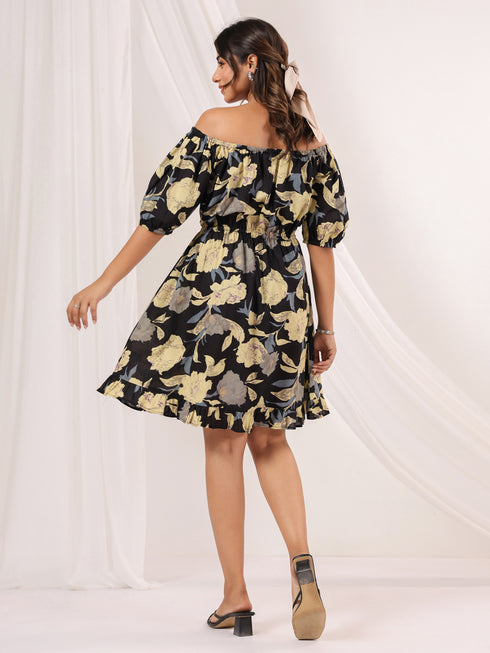 Janasya Women's Black Pure Cotton Floral Printed A-line Dress
